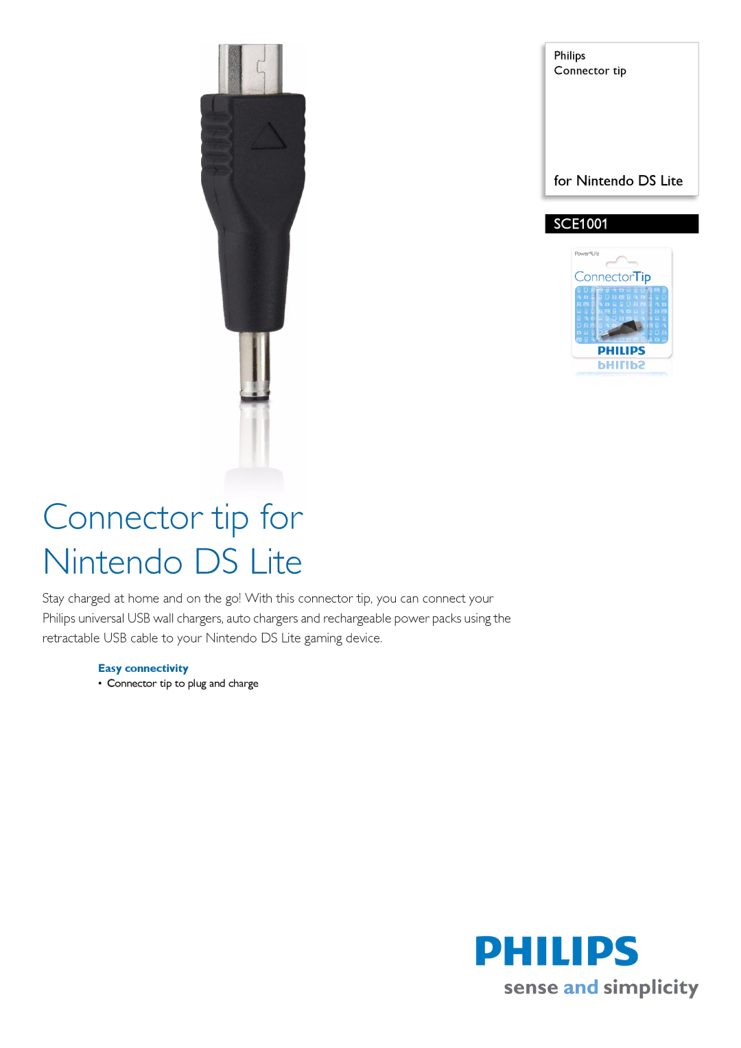 Philips SCE1001 manual Connector tip for Nintendo DS Lite, Easy connectivity 