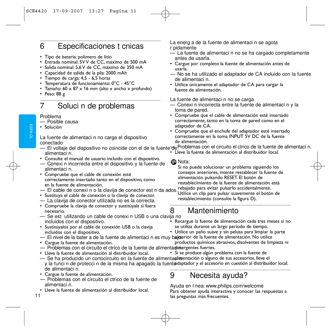 Philips SCE4420 manual Especificaciones técnicas, Mantenimiento, ¿Necesita ayuda? 