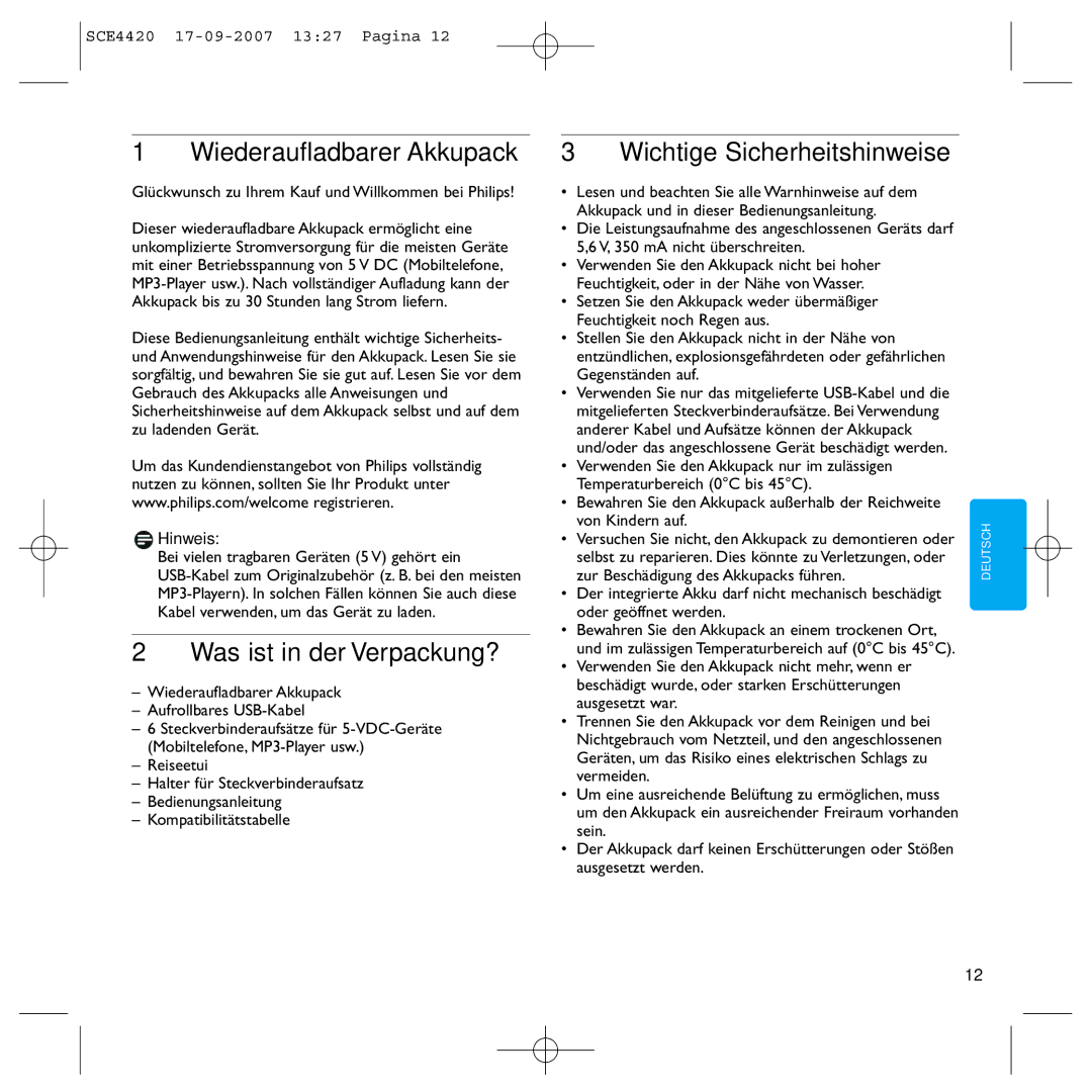 Philips SCE4420 manual Wiederaufladbarer Akkupack, Was ist in der Verpackung?, Wichtige Sicherheitshinweise, Hinweis 