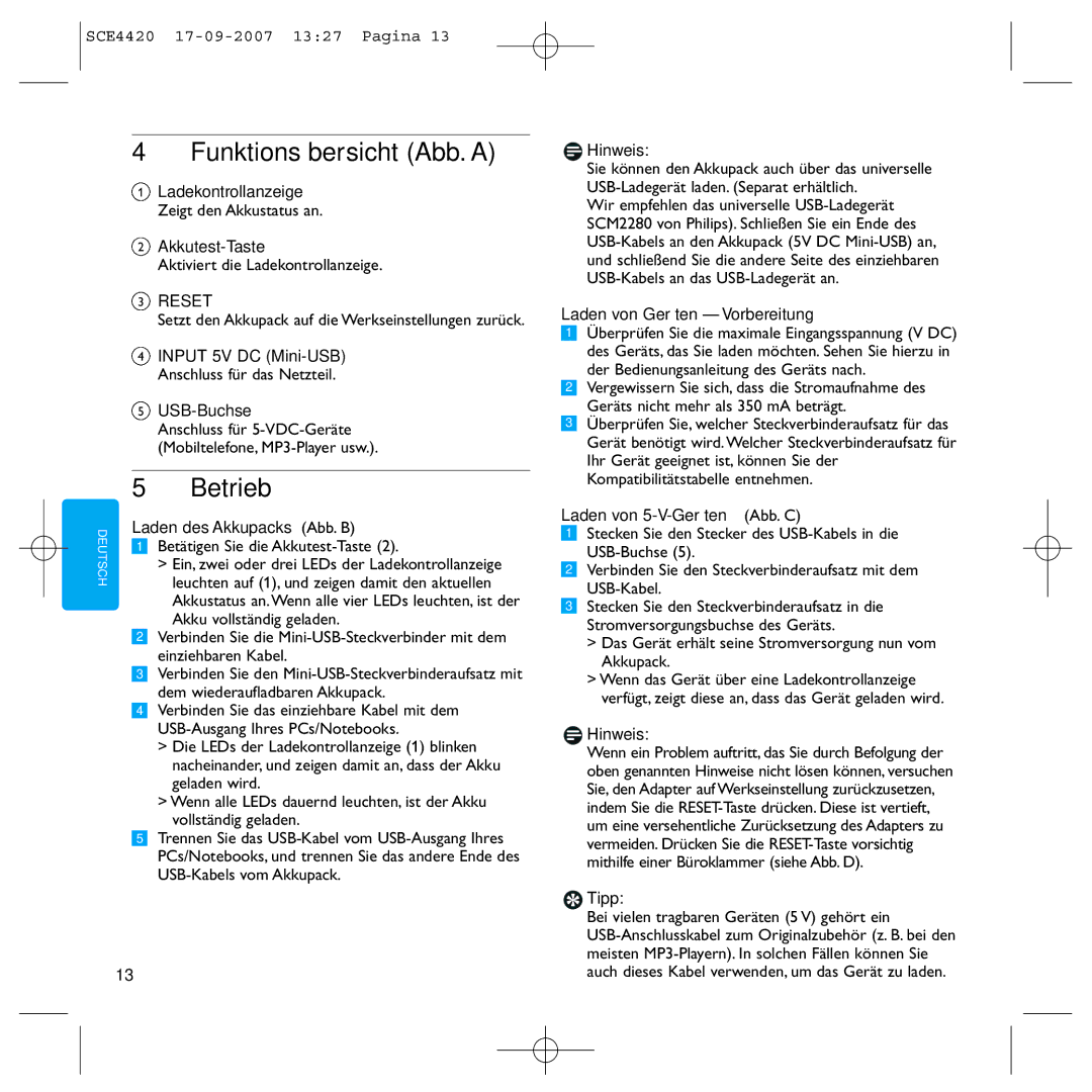 Philips SCE4420 manual Funktionsübersicht Abb. a, Betrieb 