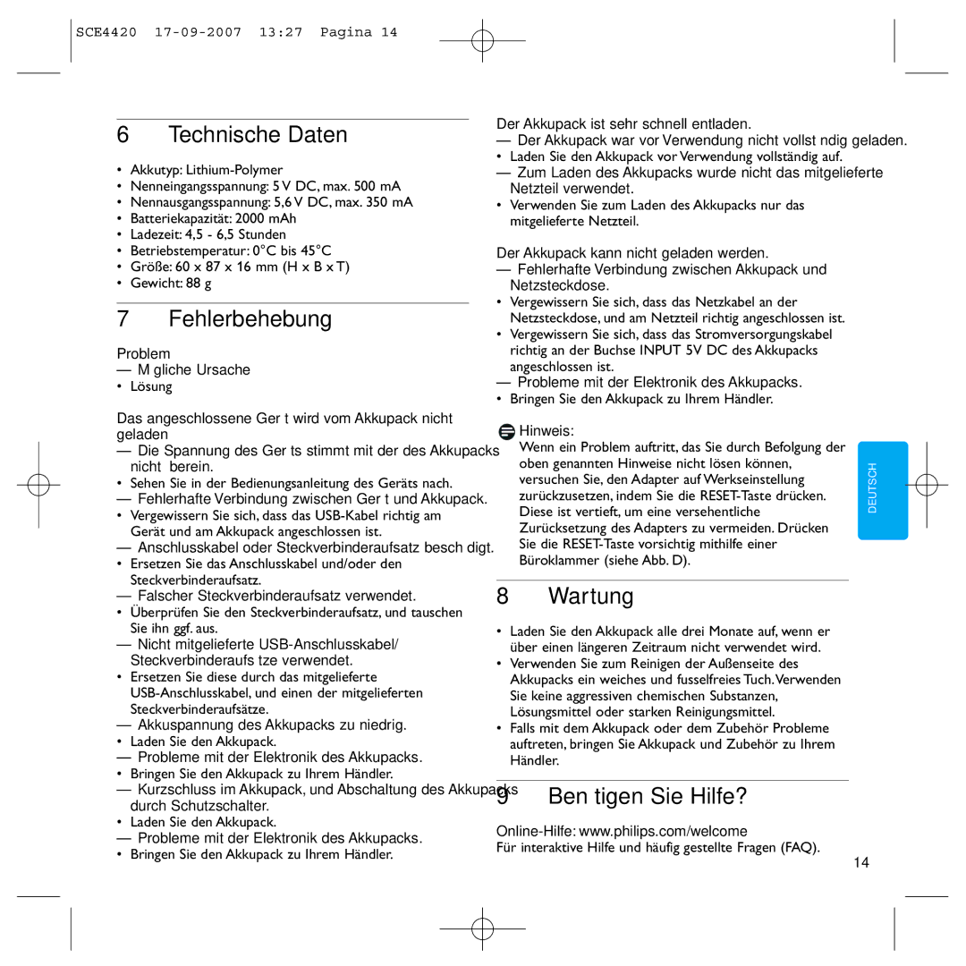 Philips SCE4420 manual Technische Daten, Fehlerbehebung, Wartung, Benötigen Sie Hilfe? 