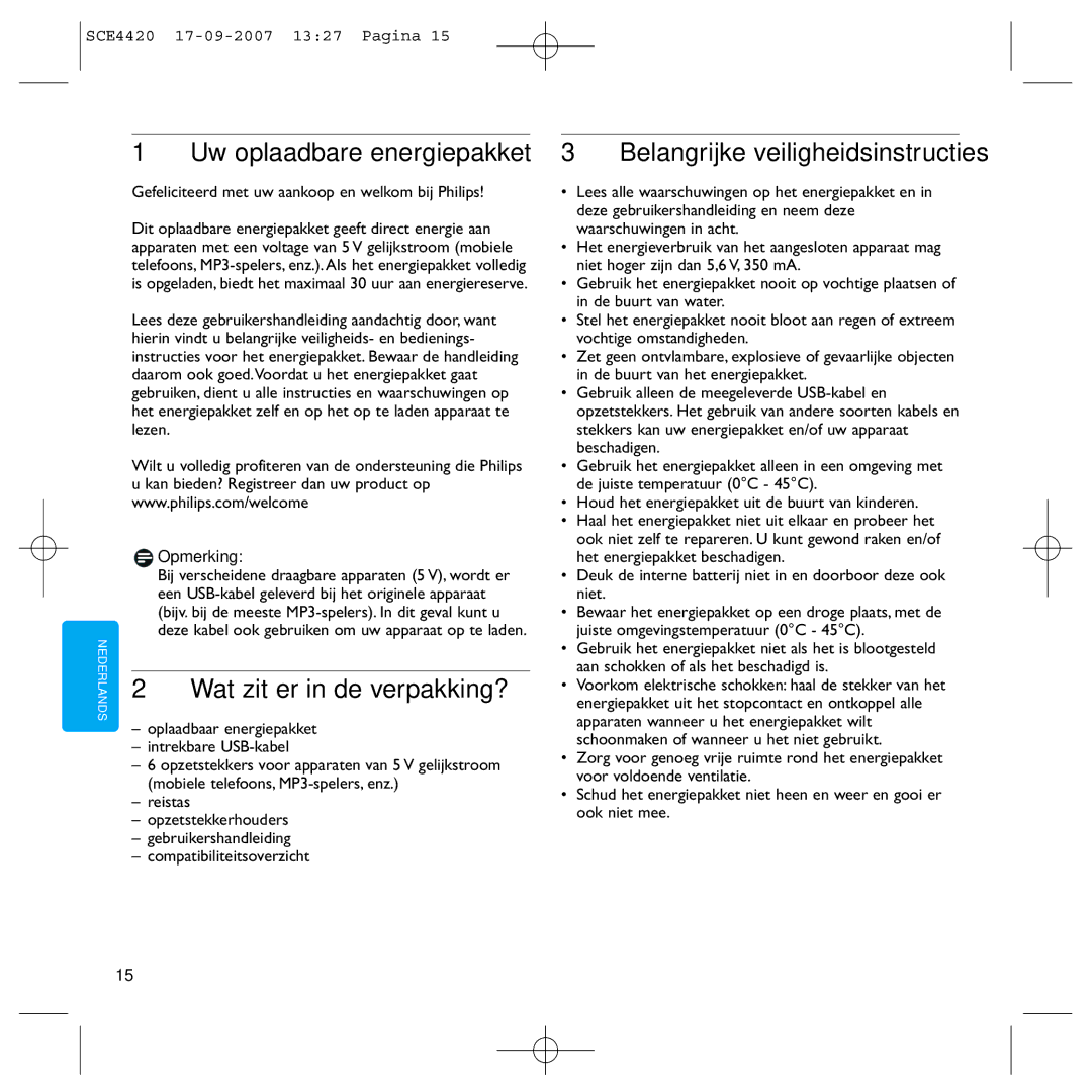 Philips SCE4420 Uw oplaadbare energiepakket, Wat zit er in de verpakking?, Belangrijke veiligheidsinstructies, Opmerking 