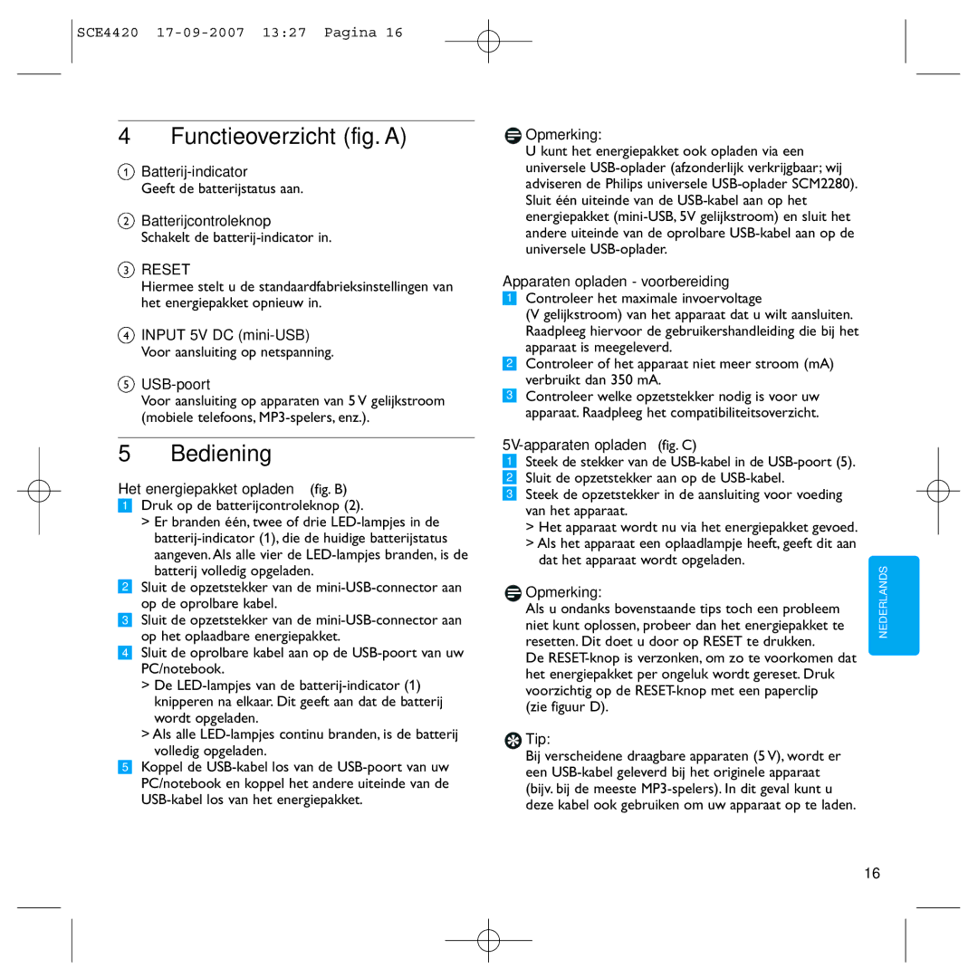 Philips SCE4420 manual Functieoverzicht fig. a, Bediening 