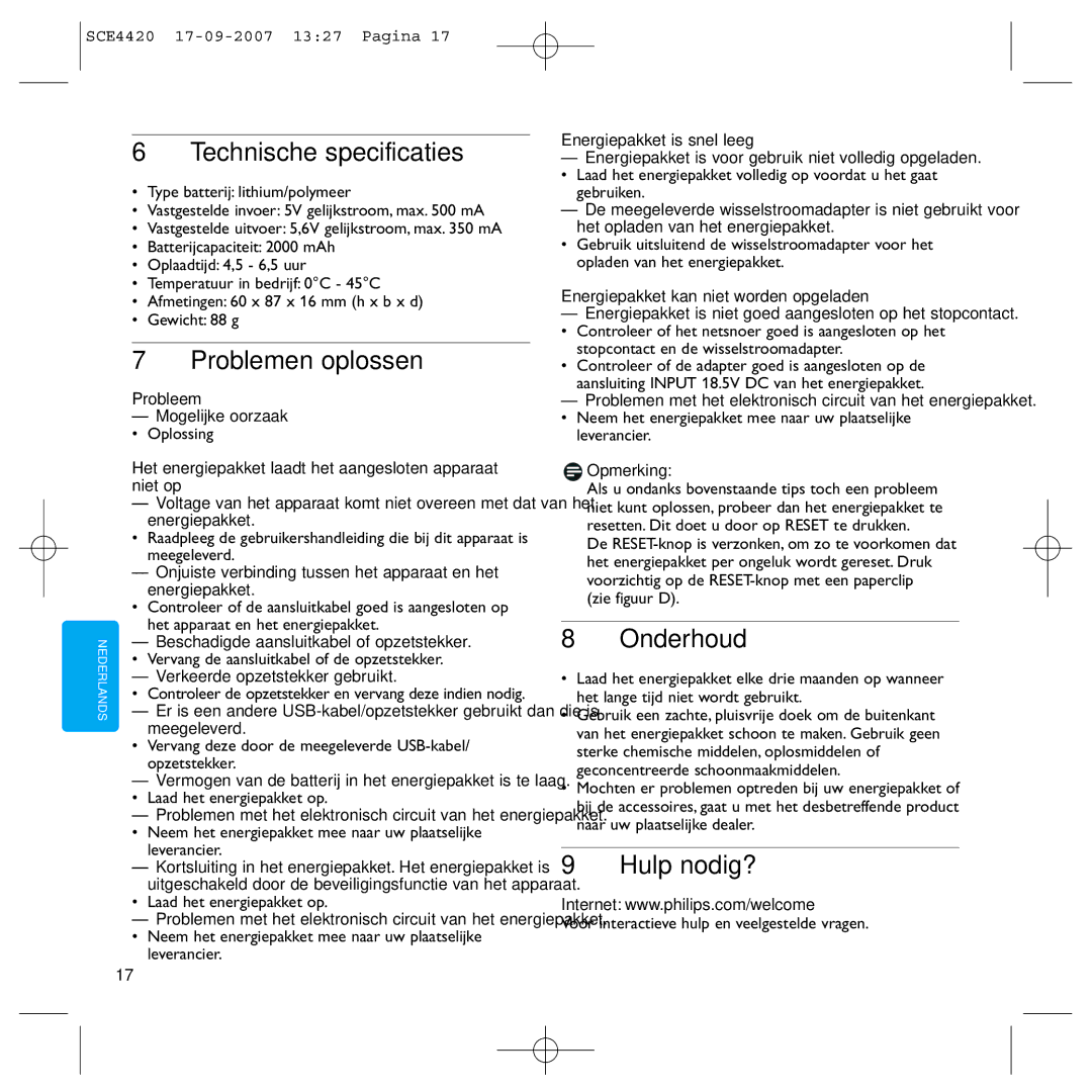 Philips SCE4420 manual Technische specificaties, Problemen oplossen, Onderhoud, Hulp nodig? 