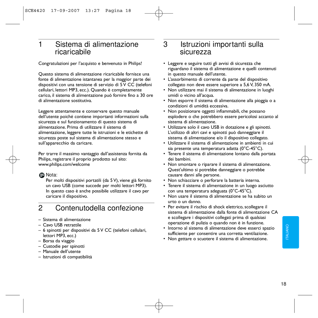 Philips SCE4420 manual Contenutodella confezione, Istruzioni importanti sulla sicurezza 