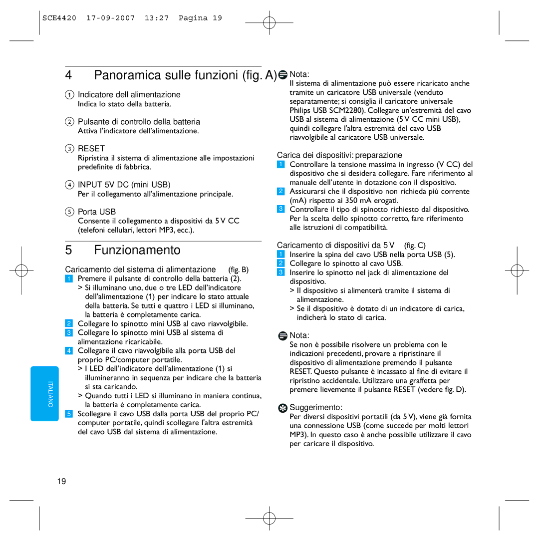 Philips SCE4420 manual Panoramica sulle funzioni fig. a, Funzionamento 