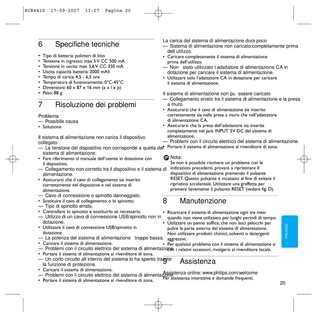 Philips SCE4420 manual Specifiche tecniche, Risoluzione dei problemi, Manutenzione, Assistenza 