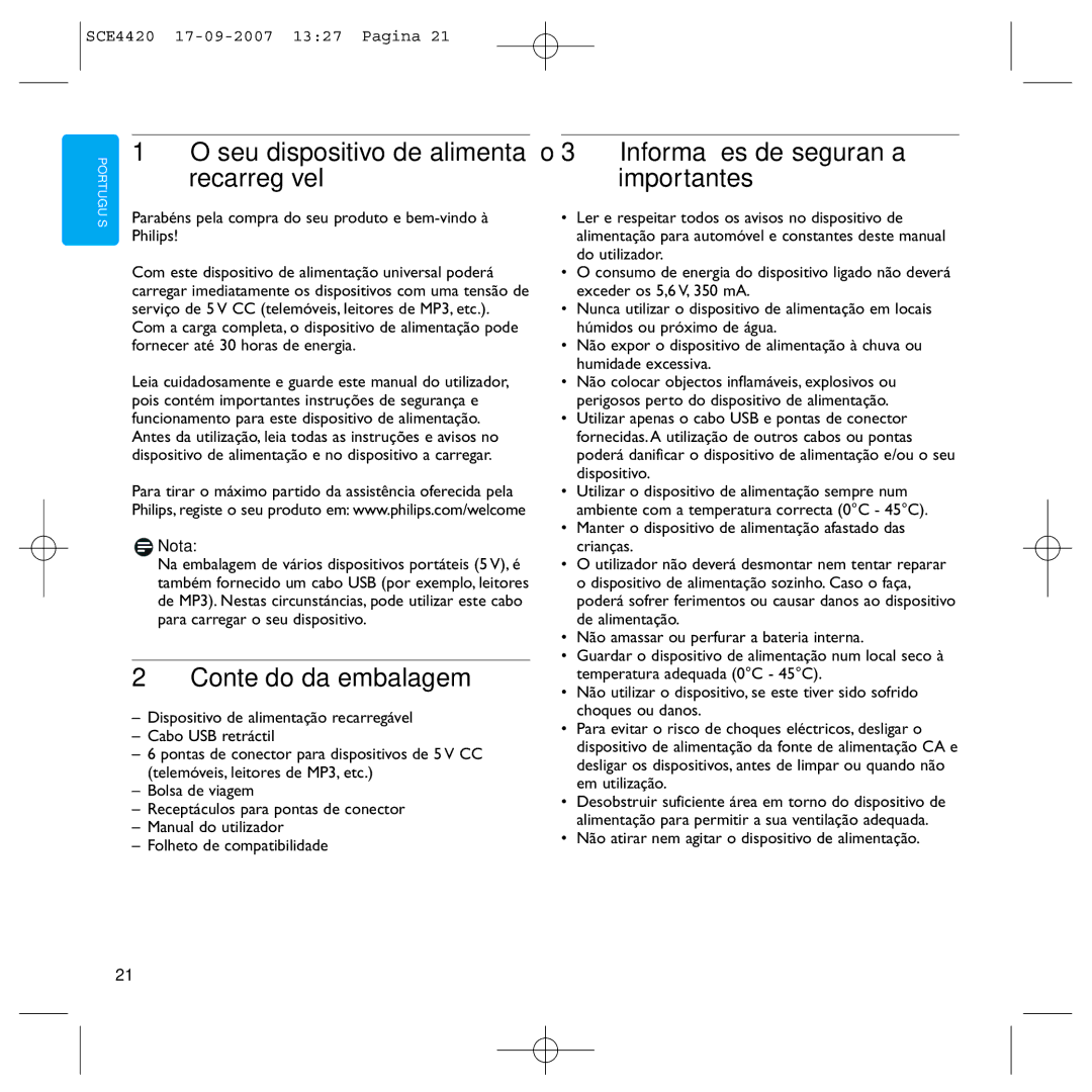 Philips SCE4420 Seu dispositivo de alimentação recarregável, Conteúdo da embalagem, Informações de segurança importantes 