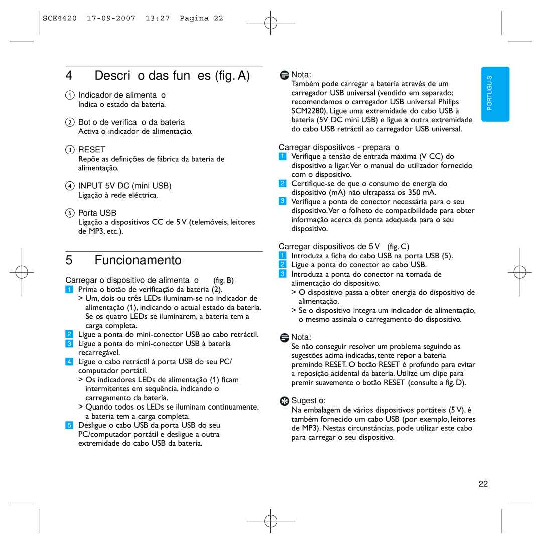 Philips SCE4420 manual Descrição das funções fig. a, Funcionamento 