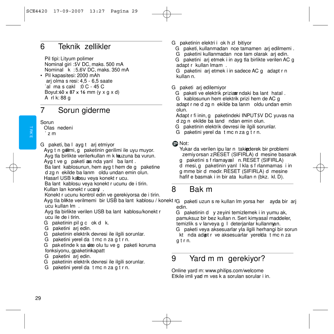 Philips SCE4420 manual Teknik özellikler, Sorun giderme, Bakım, Yardım mı gerekiyor? 