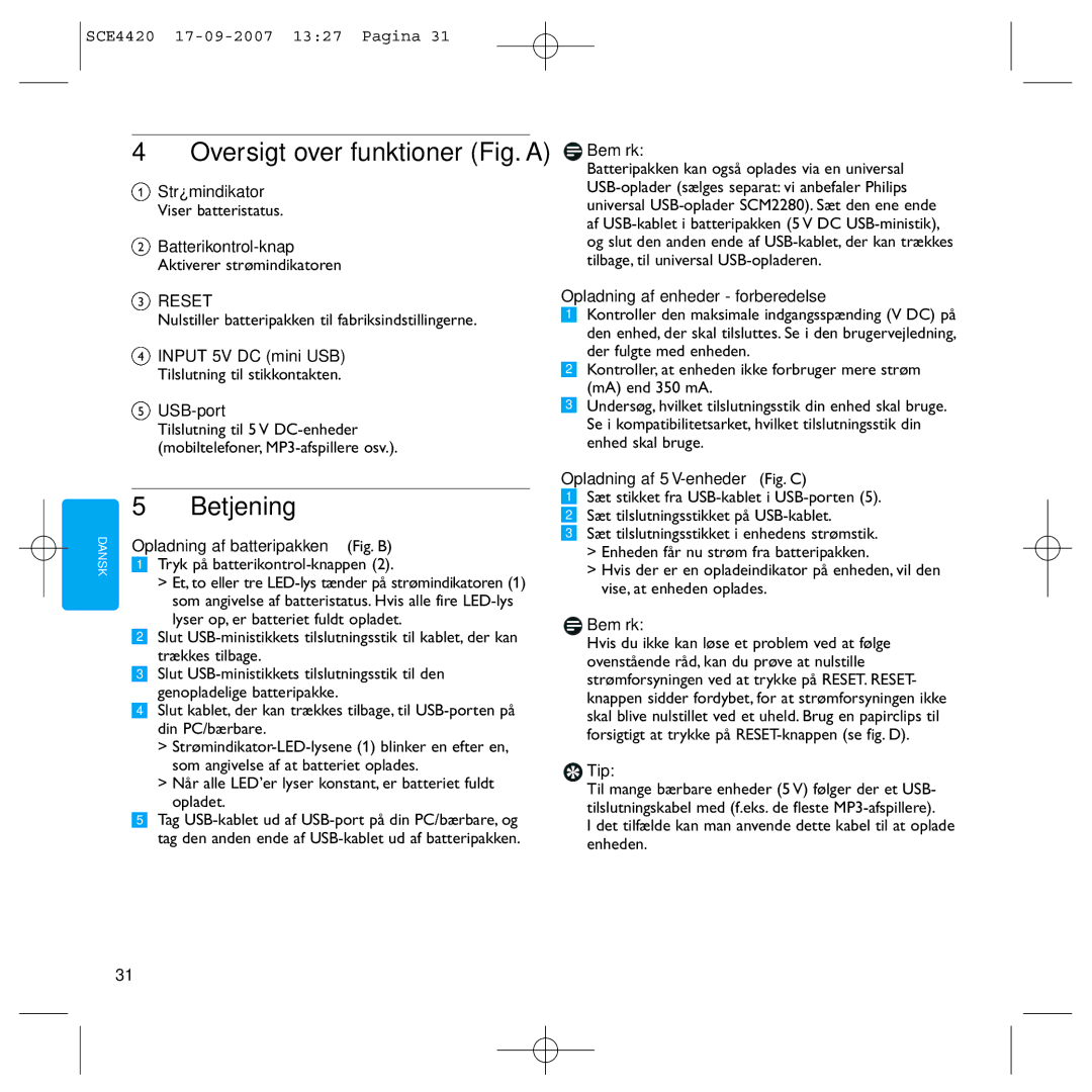 Philips SCE4420 manual Oversigt over funktioner Fig. a, Betjening 