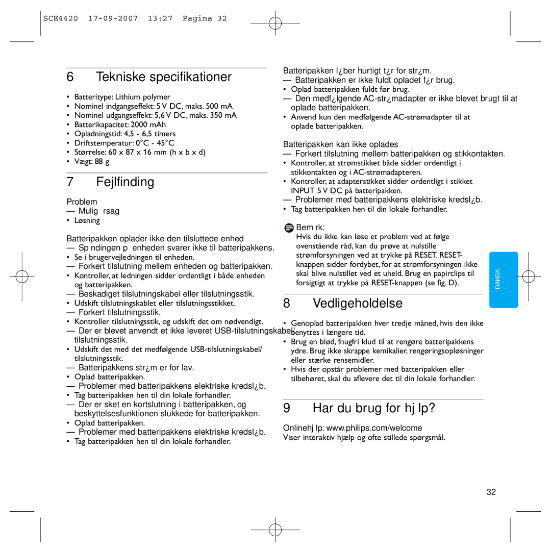 Philips SCE4420 manual Tekniske specifikationer, Fejlfinding, Vedligeholdelse, Har du brug for hjælp? 