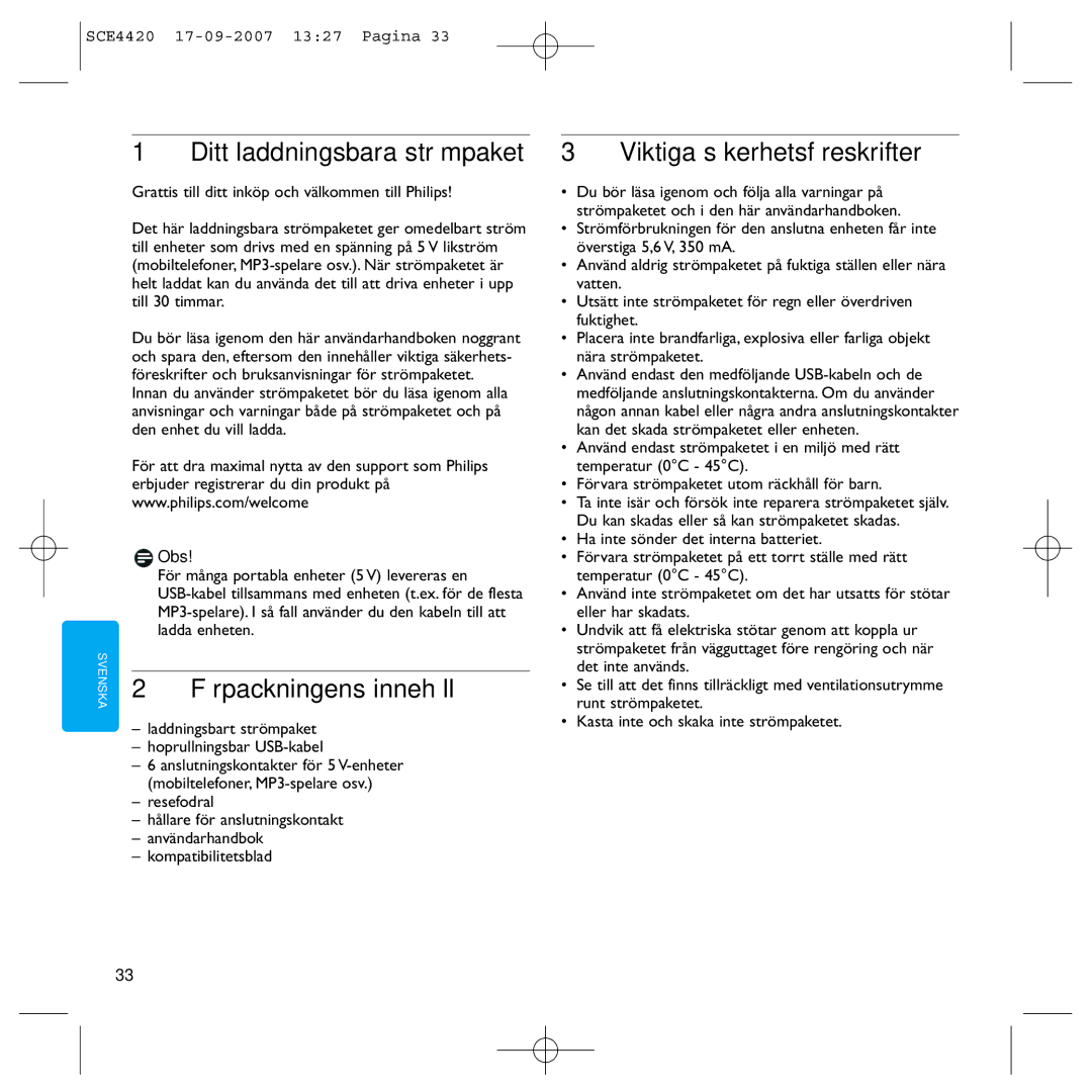 Philips SCE4420 manual Ditt laddningsbara strömpaket, Förpackningens innehåll, Viktiga säkerhetsföreskrifter, Obs 