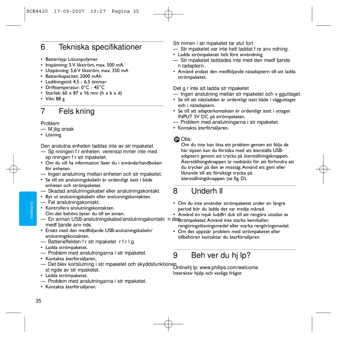 Philips SCE4420 manual Tekniska specifikationer, Felsökning, Underhåll, Behöver du hjälp? 