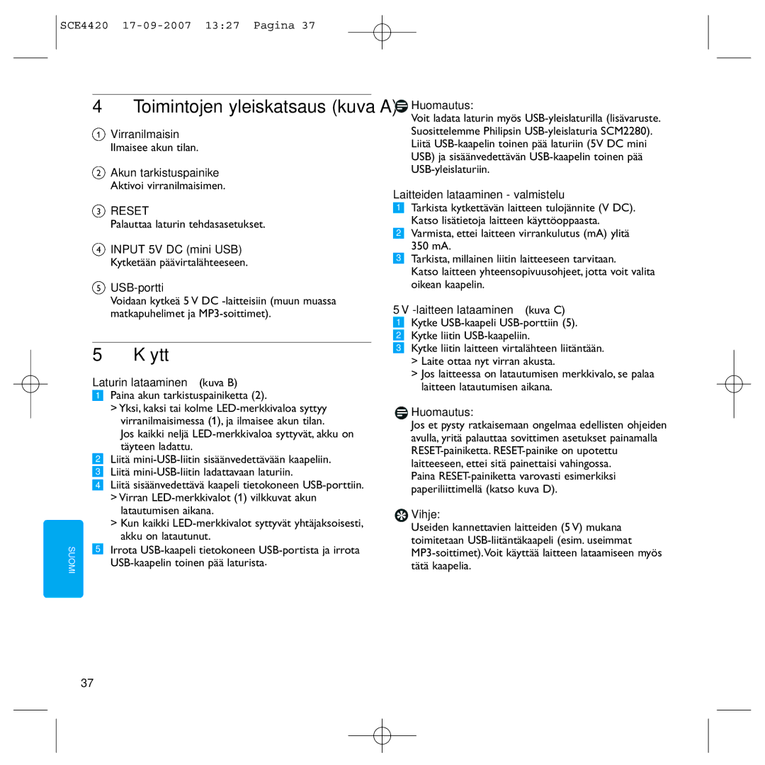 Philips SCE4420 manual Toimintojen yleiskatsaus kuva a, Käyttö 