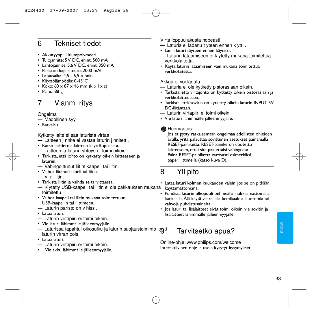 Philips SCE4420 manual Tekniset tiedot, Vianmääritys, Ylläpito, Tarvitsetko apua? 