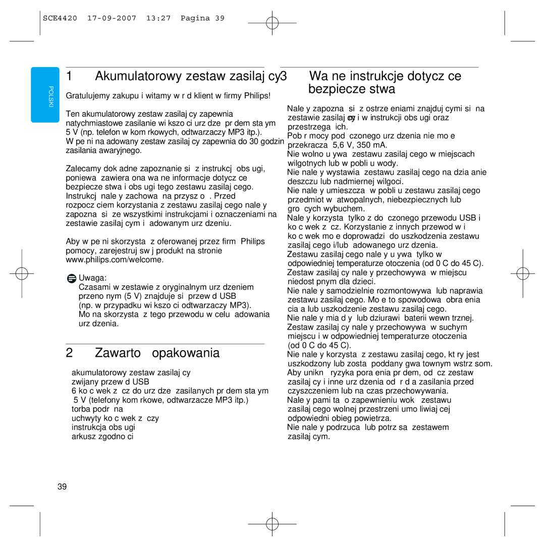 Philips SCE4420 manual Akumulatorowy zestaw zasilający, Zawartość opakowania, Uwaga 