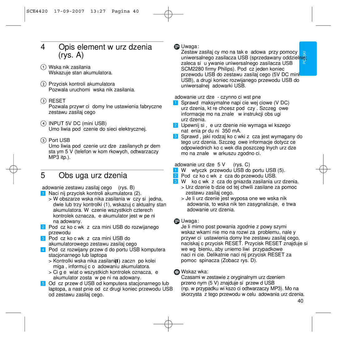 Philips SCE4420 manual Opis elementów urządzenia rys. a, Obsługa urządzenia 