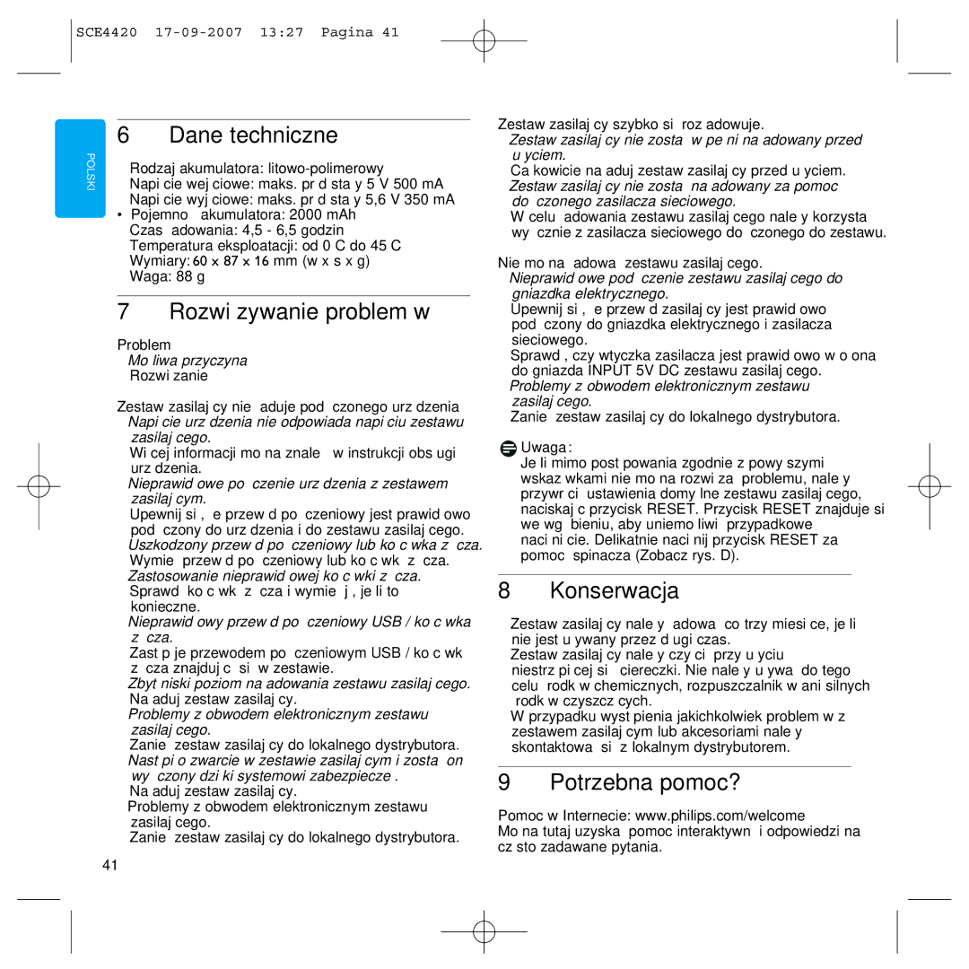 Philips SCE4420 manual Dane techniczne, Rozwiązywanie problemów, Konserwacja, Potrzebna pomoc? 