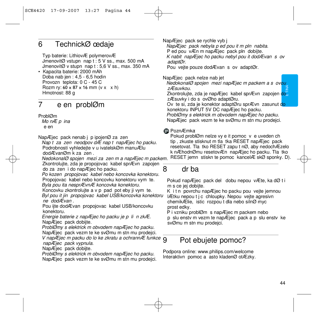 Philips SCE4420 manual Technické údaje, Řešení problémů, Údržba, Potřebujete pomoc? 