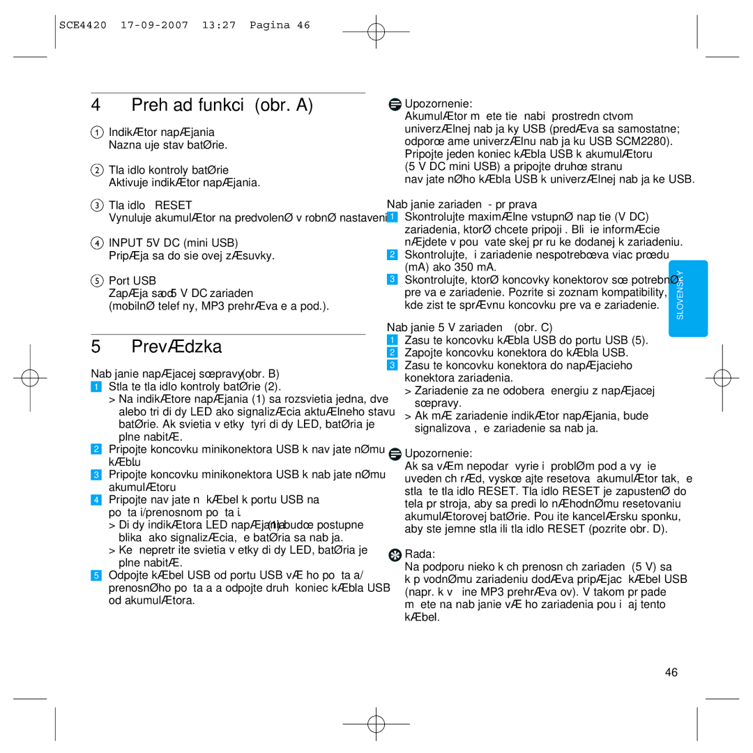 Philips SCE4420 manual Prehľad funkcií obr. a, Prevádzka 