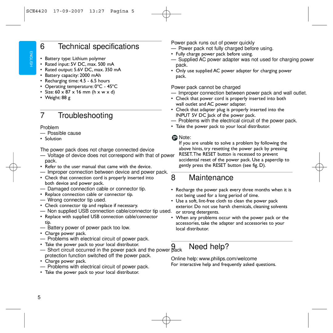 Philips SCE4420 manual Technical specifications, Troubleshooting, Maintenance, Need help? 