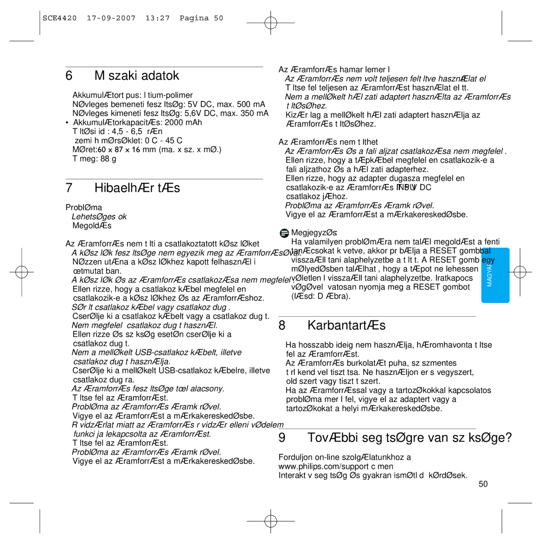 Philips SCE4420 manual Műszaki adatok, Hibaelhárítás, Karbantartás 