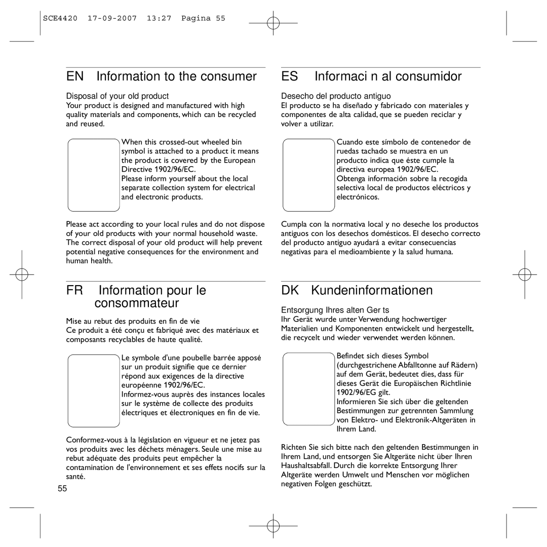 Philips SCE4420 manual EN Information to the consumer, ES Información al consumidor, FR Information pour le consommateur 