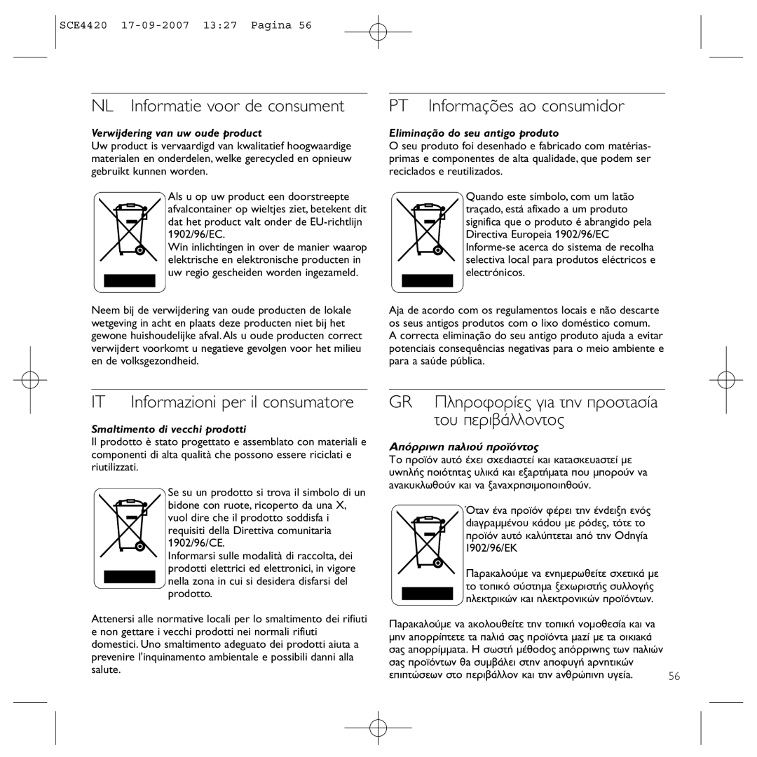 Philips SCE4420 manual NL Informatie voor de consument, PT Informações ao consumidor, Verwijdering van uw oude product 