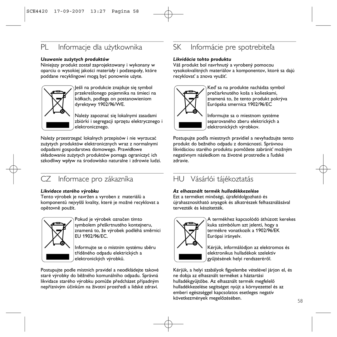 Philips SCE4420 manual PL Informacje dla użytkownika, SK Informácie pre spotrebiteľa, CZ Informace pro zákazníka 