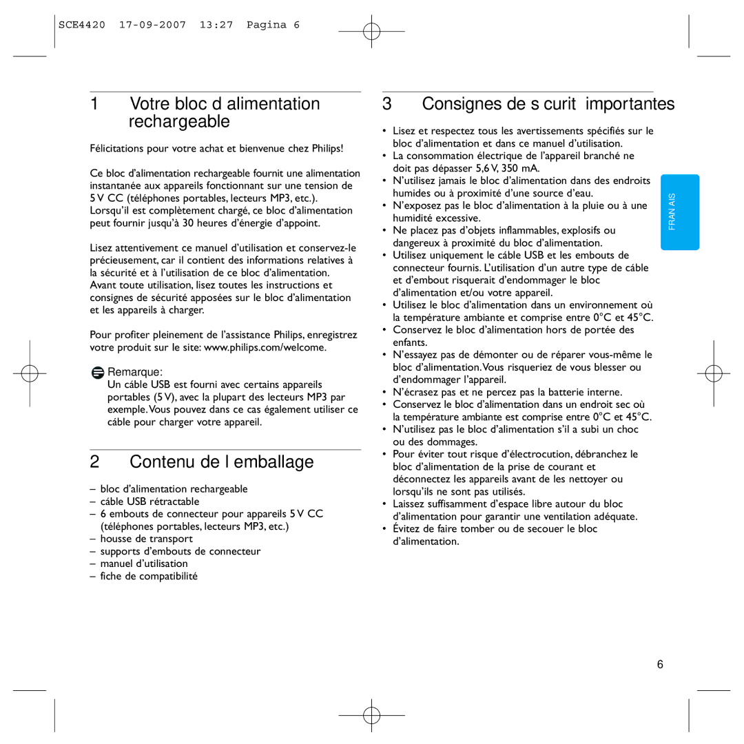 Philips SCE4420 manual Contenu de l’emballage, Consignes de sécurité importantes, Remarque 