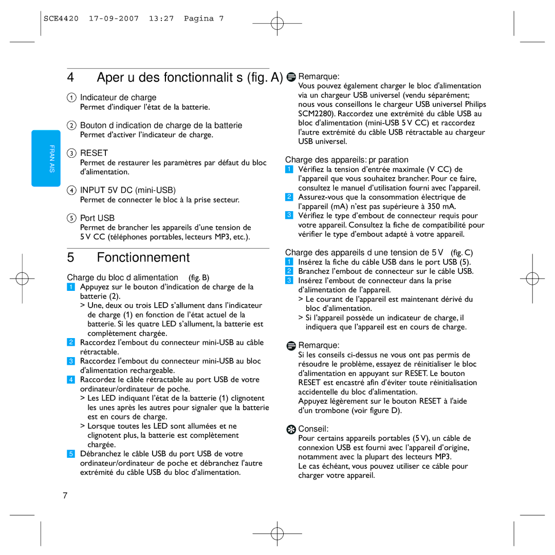 Philips SCE4420 manual Aperçu des fonctionnalités fig. a, Fonctionnement 