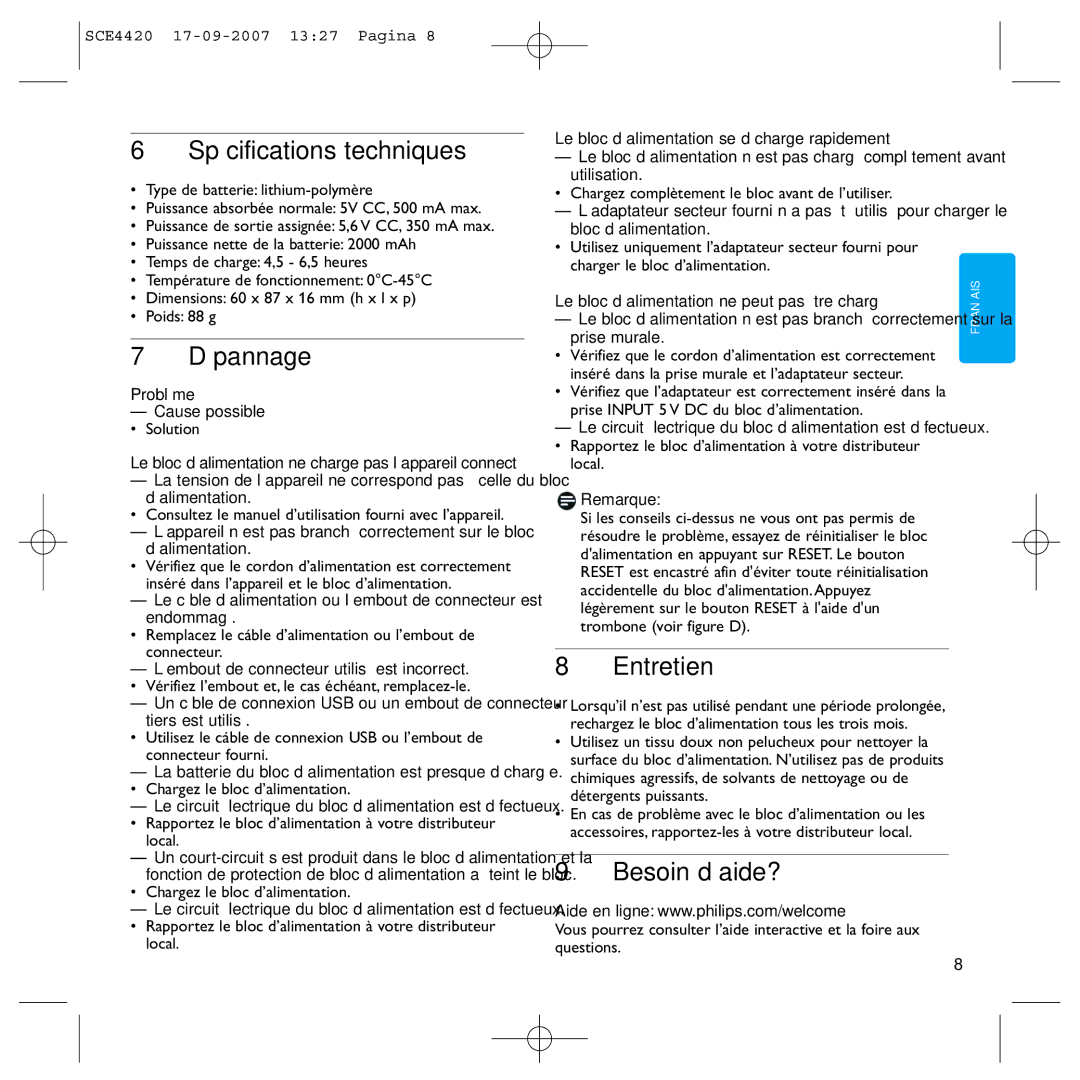 Philips SCE4420 manual Spécifications techniques, Dépannage, Entretien, Besoin d’aide? 