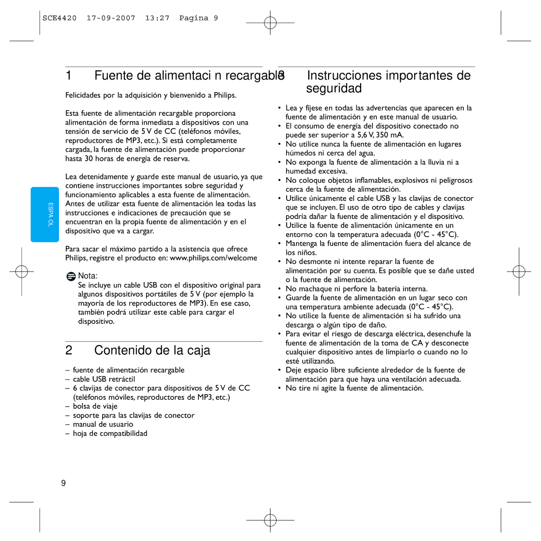 Philips SCE4420 Fuente de alimentación recargable, Contenido de la caja, Instrucciones importantes de seguridad, Nota 