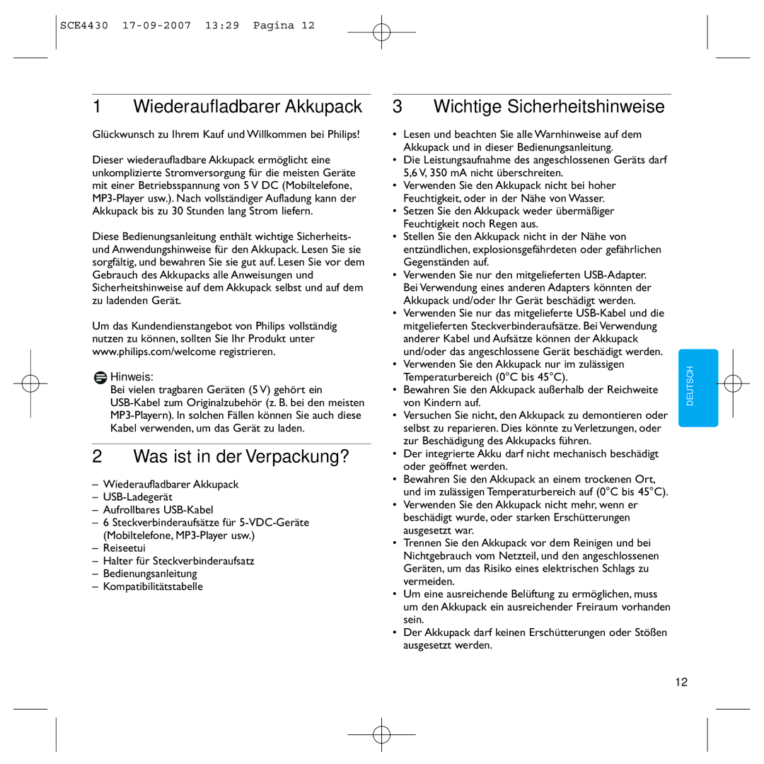 Philips SCE4430 manual Wiederaufladbarer Akkupack, Was ist in der Verpackung?, Wichtige Sicherheitshinweise, Hinweis 