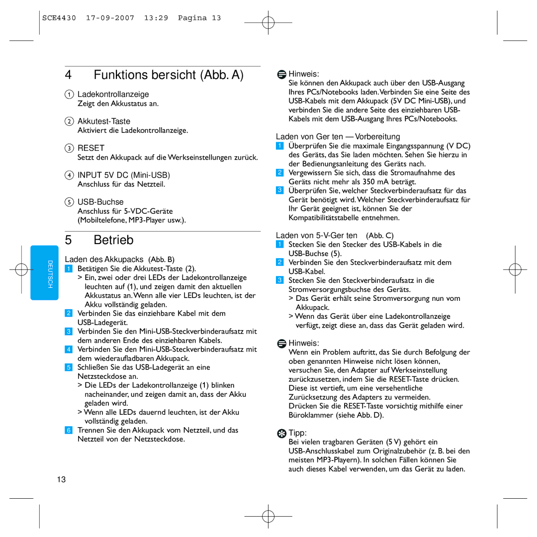 Philips SCE4430 manual Funktionsübersicht Abb. a, Betrieb 