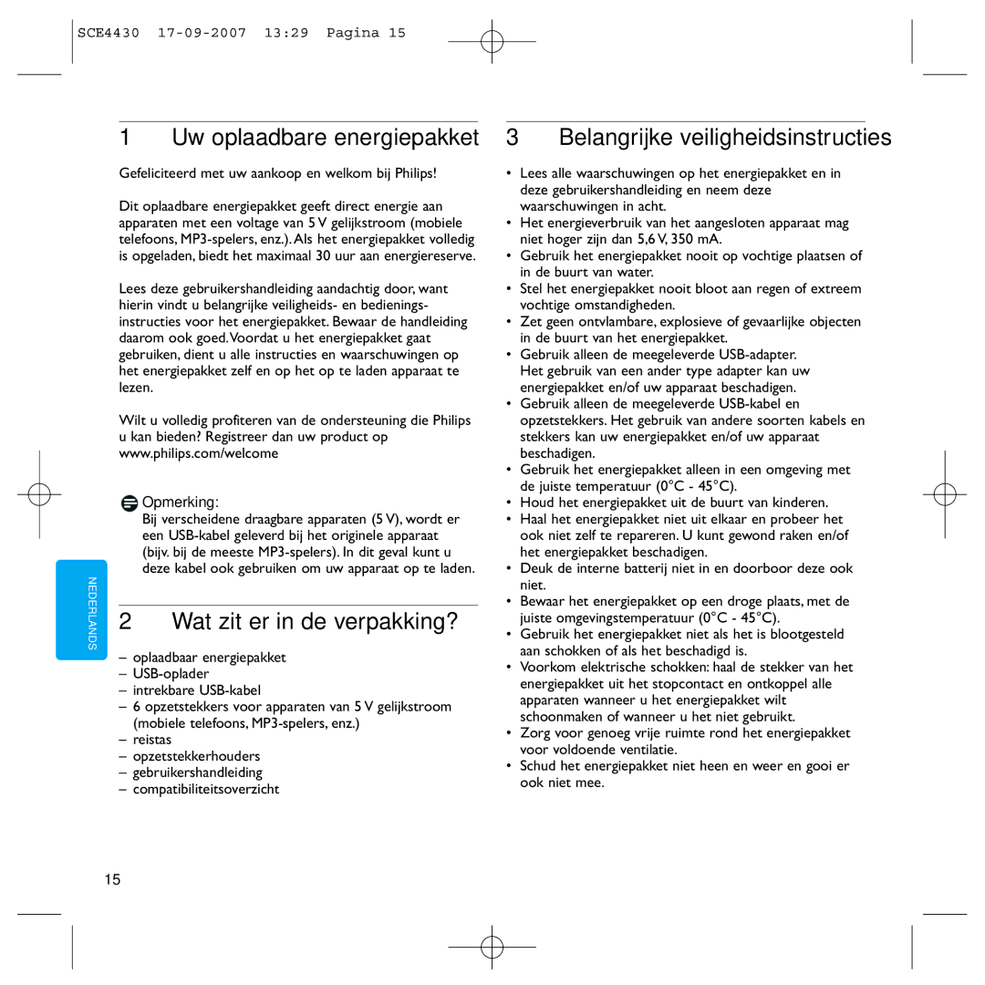 Philips SCE4430 Uw oplaadbare energiepakket, Wat zit er in de verpakking?, Belangrijke veiligheidsinstructies, Opmerking 