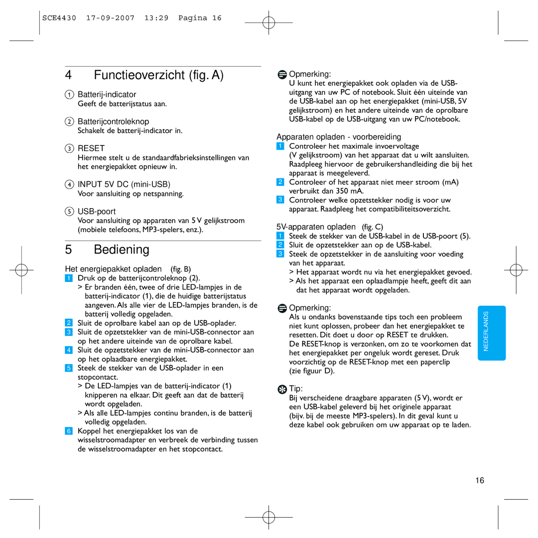 Philips SCE4430 manual Functieoverzicht fig. a, Bediening 