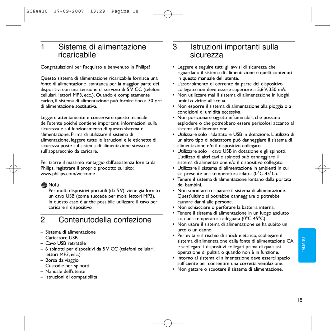 Philips SCE4430 manual Contenutodella confezione, Istruzioni importanti sulla sicurezza 