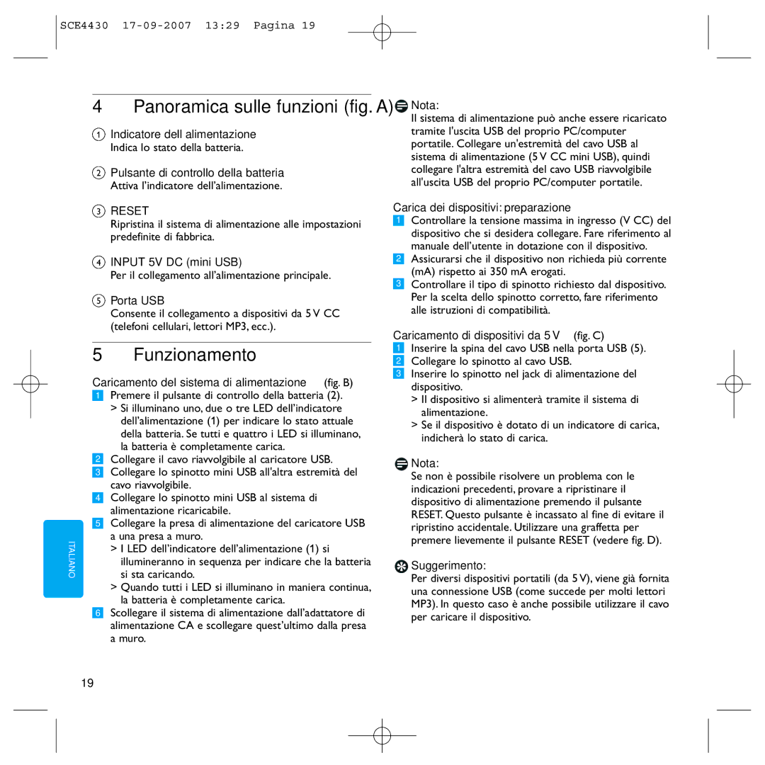 Philips SCE4430 manual Panoramica sulle funzioni fig. a, Funzionamento 