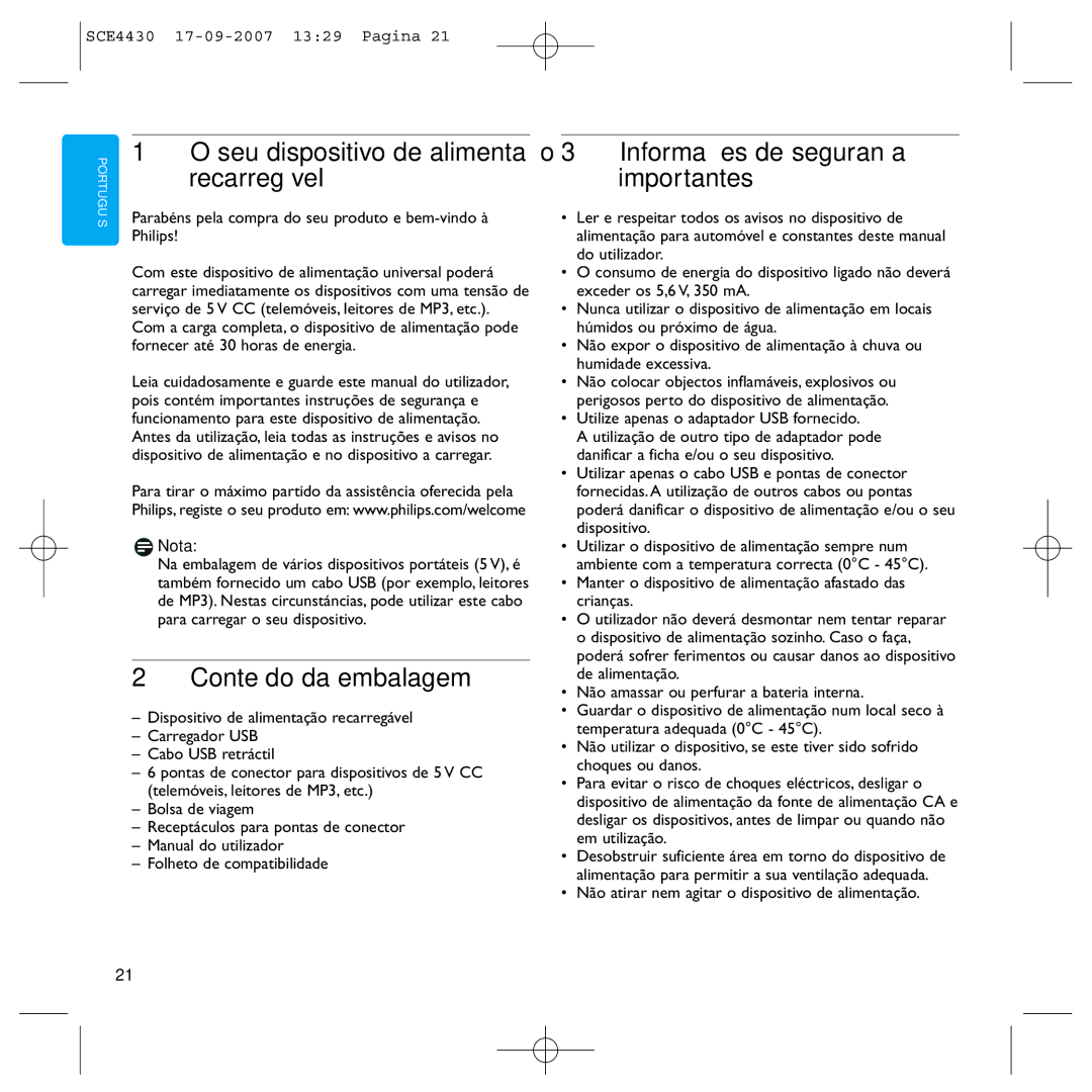 Philips SCE4430 Seu dispositivo de alimentação recarregável, Conteúdo da embalagem, Informações de segurança importantes 