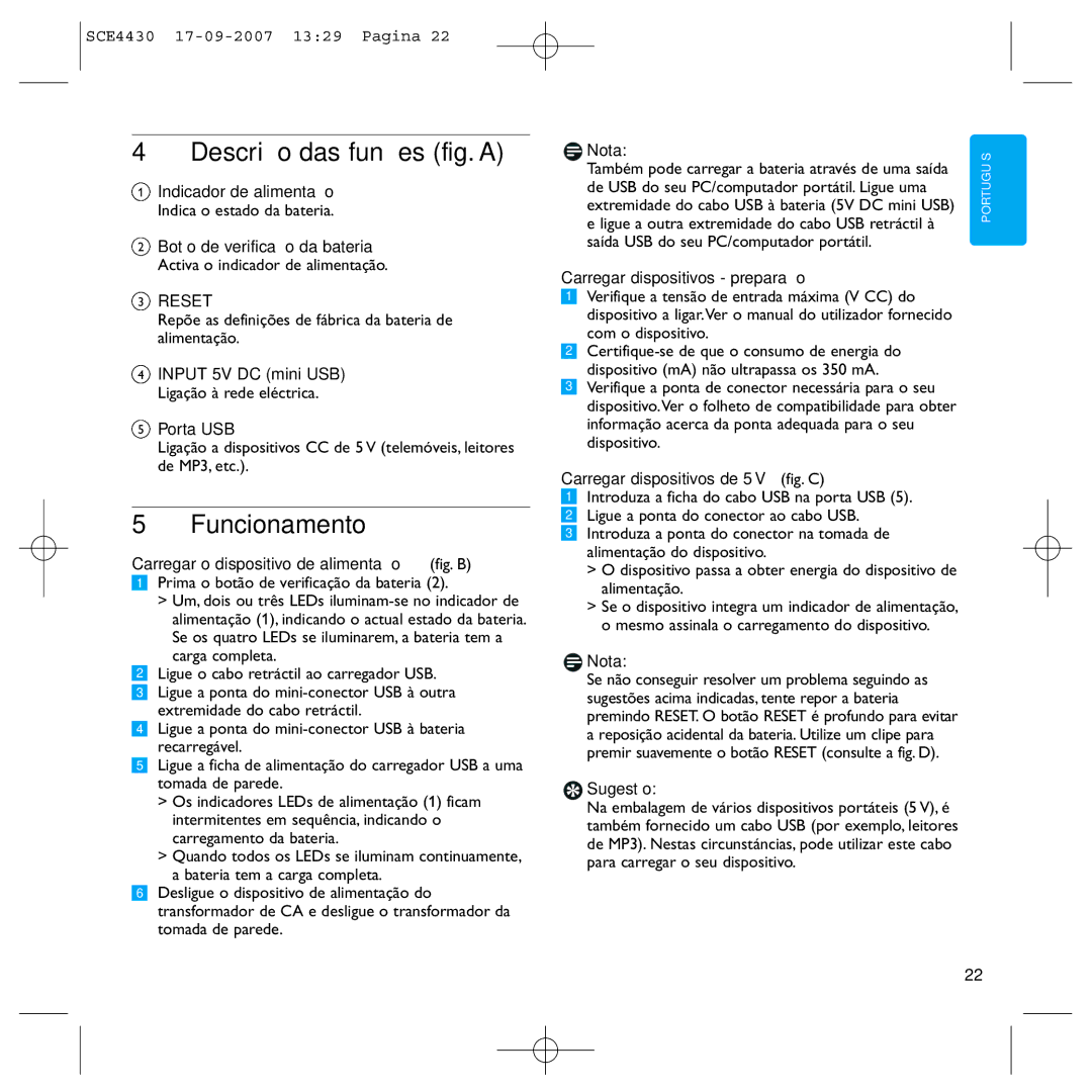 Philips SCE4430 manual Descrição das funções fig. a, Funcionamento 