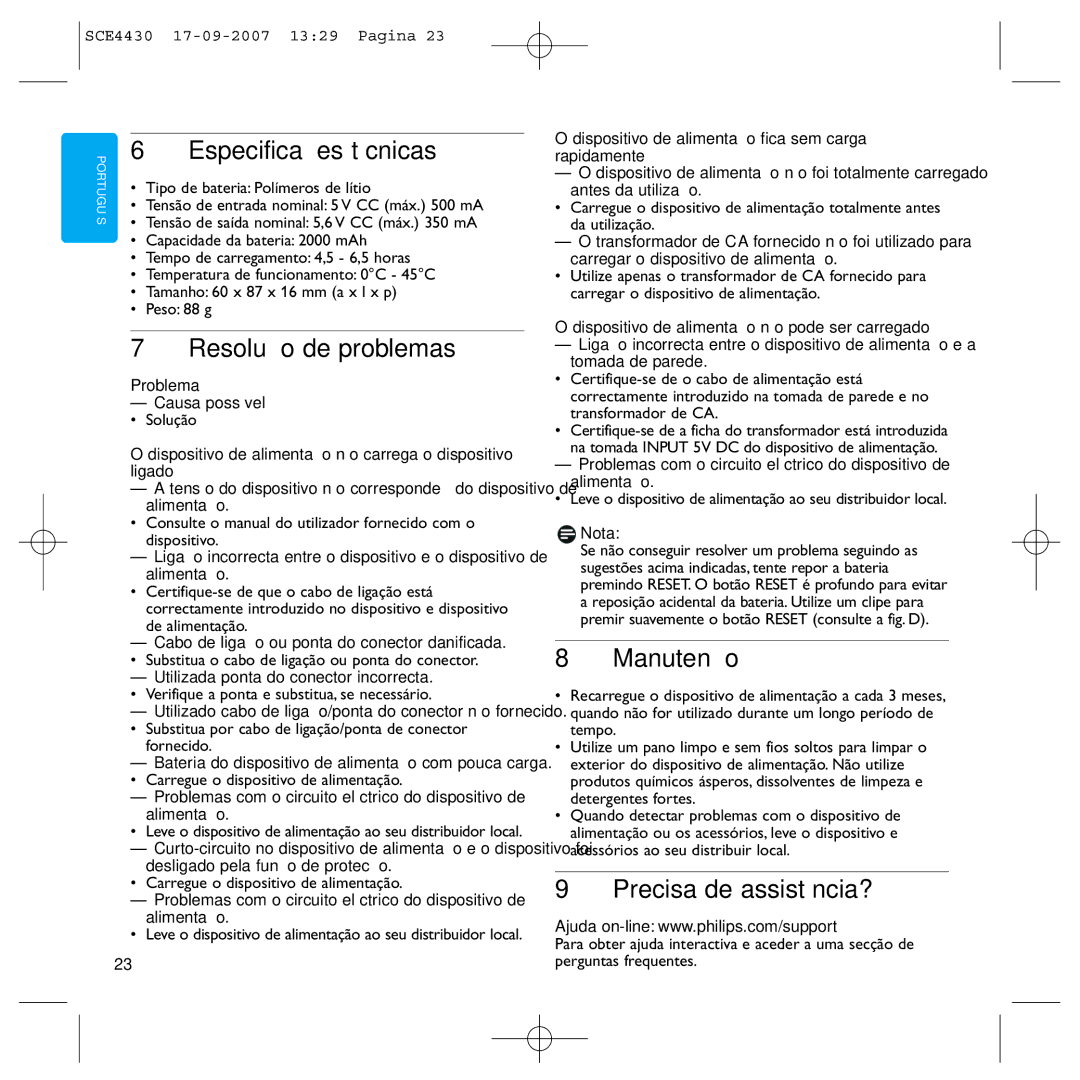 Philips SCE4430 manual Especificações técnicas, Resolução de problemas, Manutenção, Precisa de assistência? 