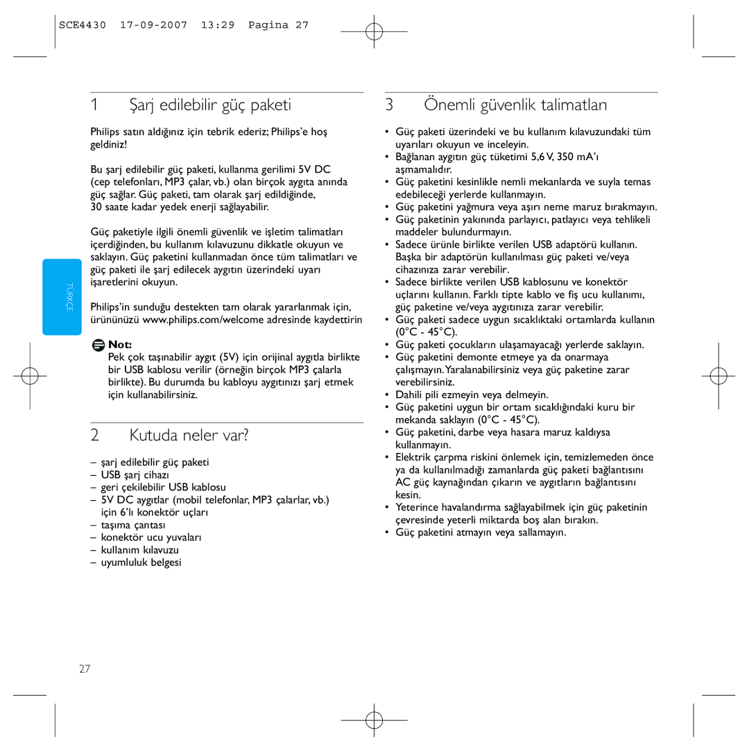 Philips SCE4430 manual Şarj edilebilir güç paketi, Kutuda neler var?, Önemli güvenlik talimatları, Not 