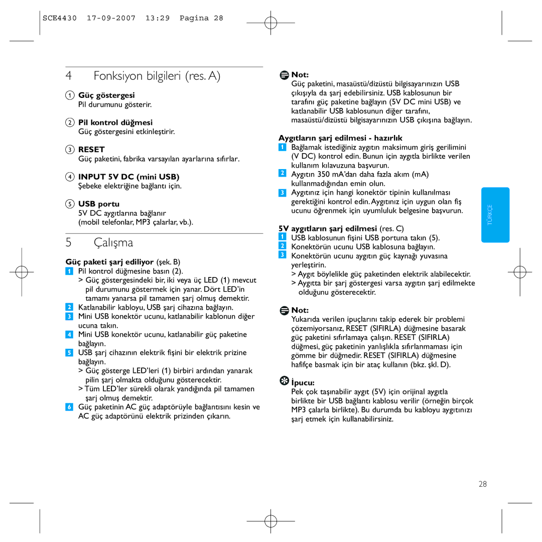 Philips SCE4430 manual Fonksiyon bilgileri res. a, Çalışma 