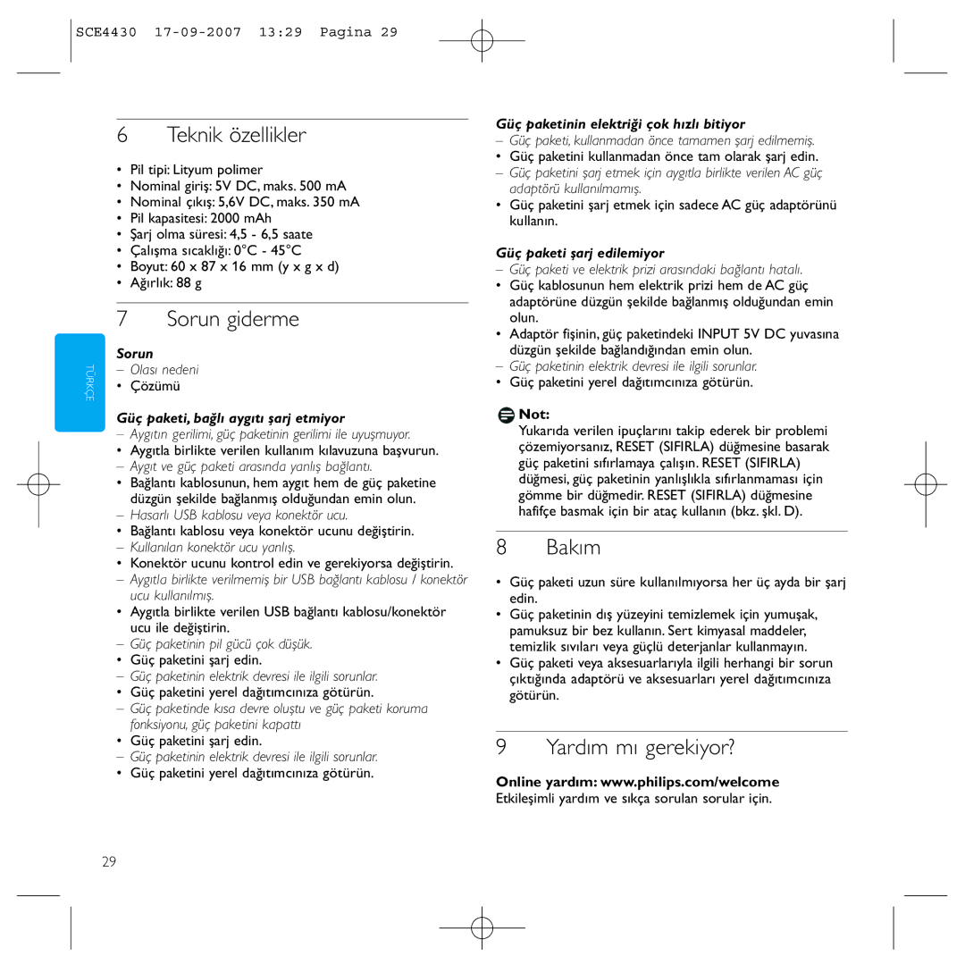 Philips SCE4430 manual Teknik özellikler, Sorun giderme, Bakım, Yardım mı gerekiyor? 