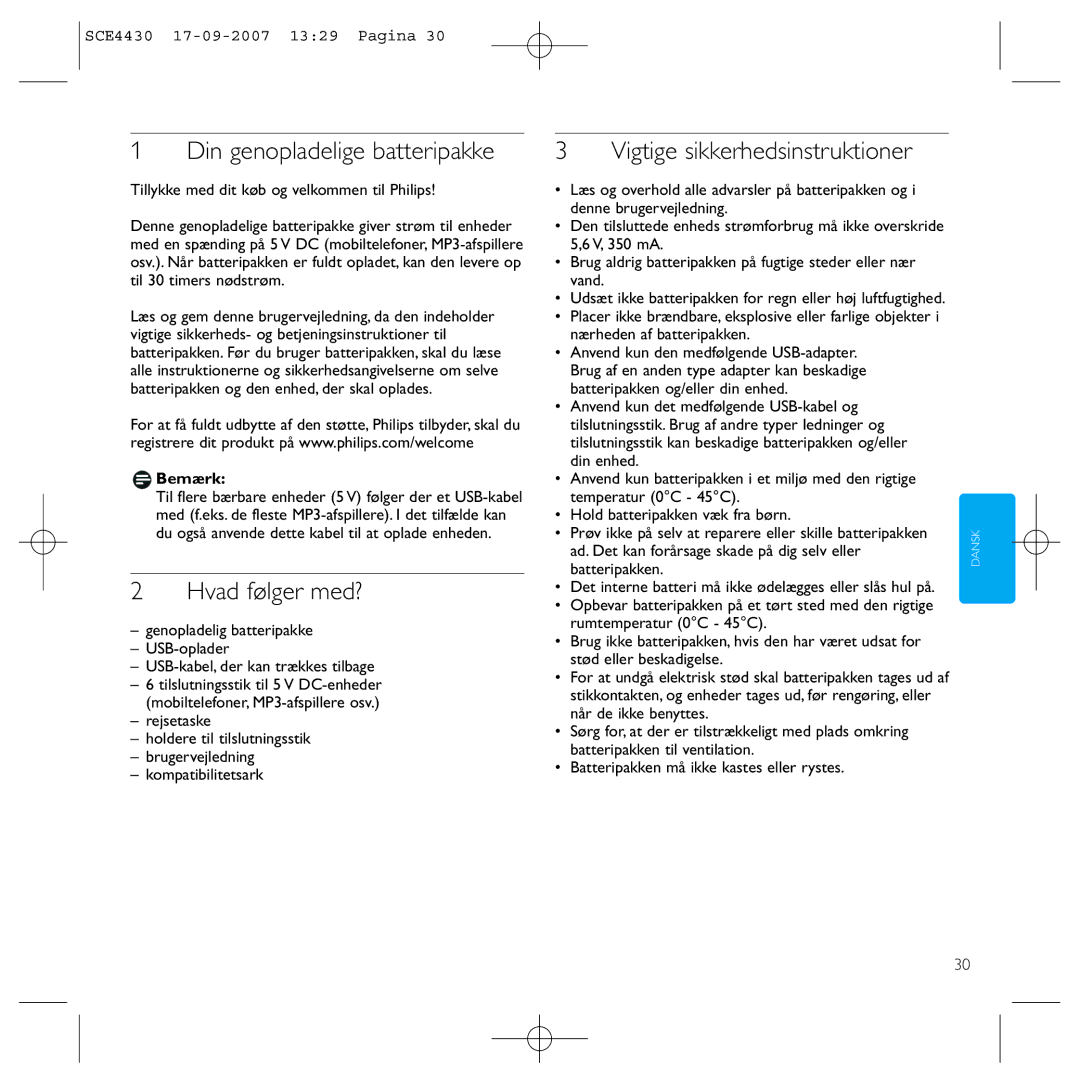 Philips SCE4430 manual Din genopladelige batteripakke, Hvad følger med?, Vigtige sikkerhedsinstruktioner, Bemærk 