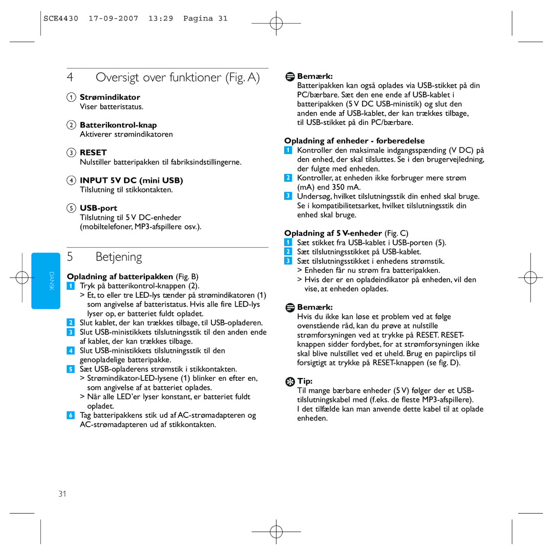 Philips SCE4430 manual Oversigt over funktioner Fig. a, Betjening 