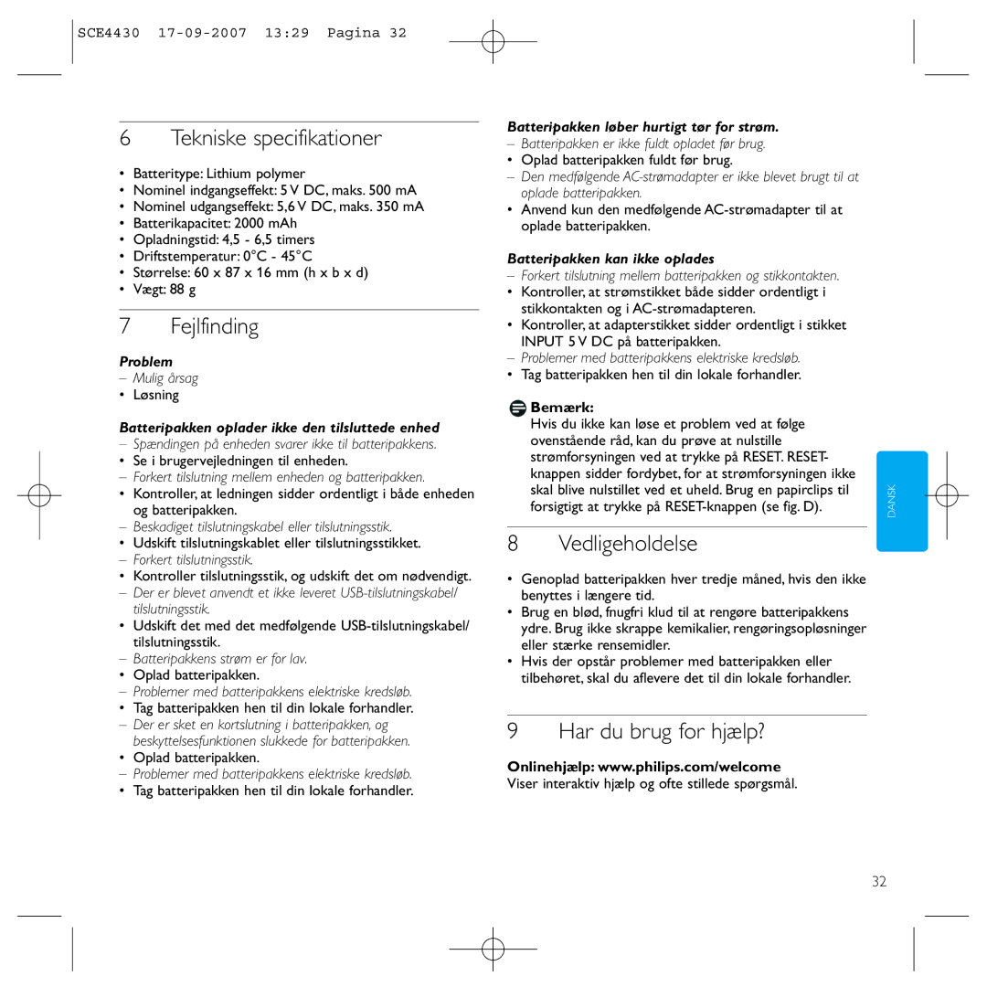 Philips SCE4430 manual Tekniske specifikationer, Fejlfinding, Vedligeholdelse, Har du brug for hjælp? 