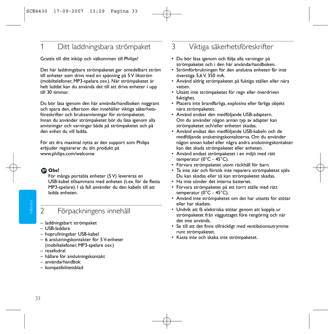 Philips SCE4430 manual Ditt laddningsbara strömpaket, Förpackningens innehåll, Viktiga säkerhetsföreskrifter, Obs 